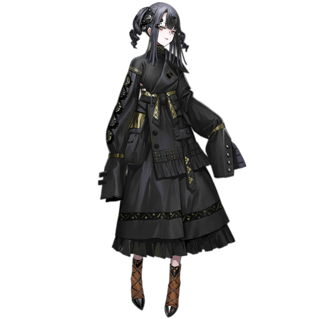 1girl, artist_request, black_dress, black_hair, dress, drill_hair, empty_eyes, expressionless