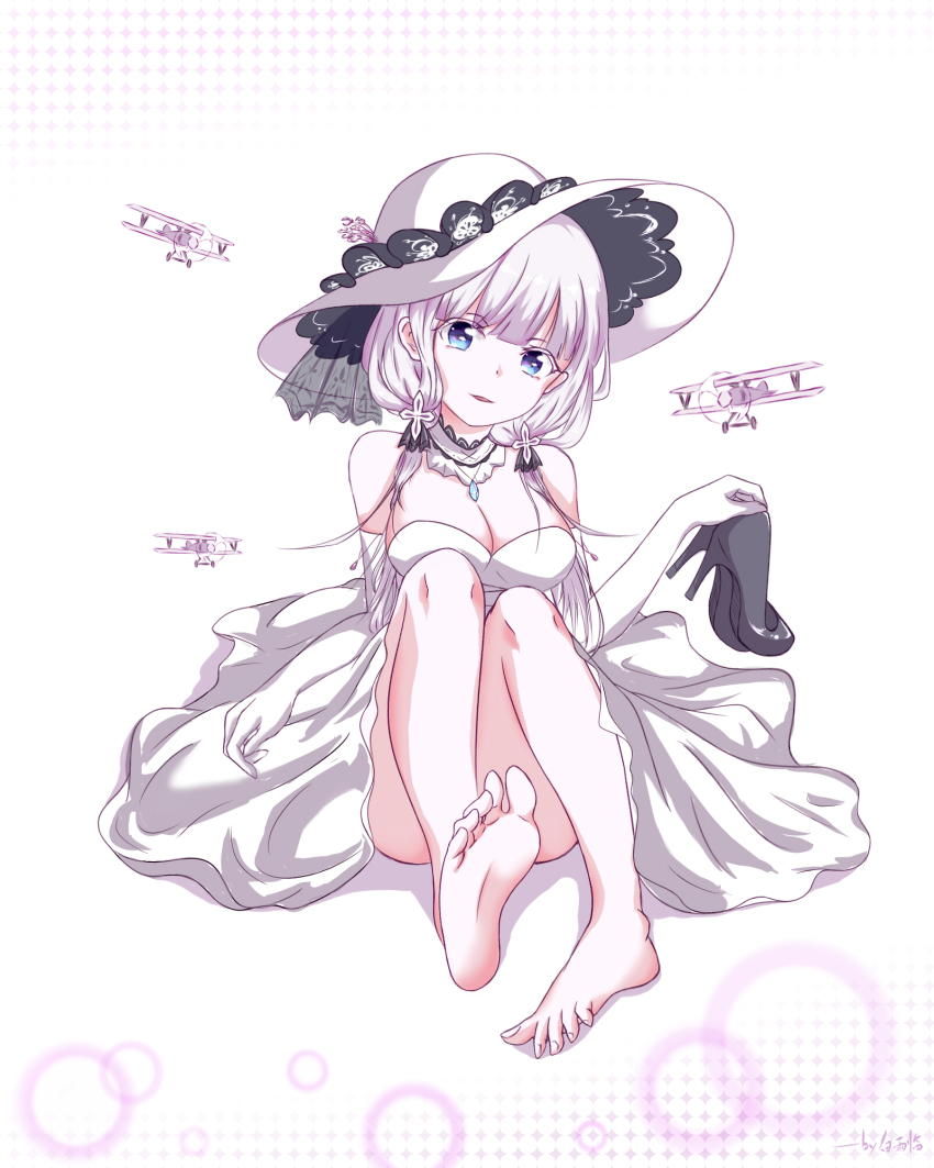 1girl, 453hentai, aircraft, airplane, azur_lane, bad_id, bad_pixiv_id, barefoot, blue_eyes, breasts, dress, gloves, hat, high_heels, highres, holding, holding_shoes, holding_unworn_clothes, illustrious_(azur_lane), large_breasts, long_hair, pumps, shoes, silver_hair, soles, toenails, unworn_shoes, white_dress, wiggling_toes