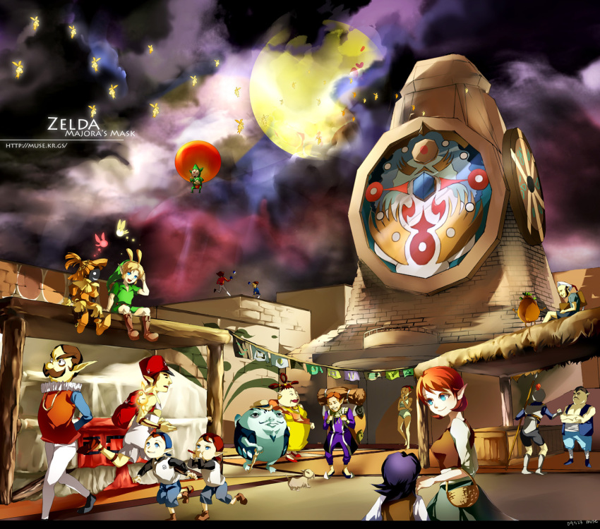 3girls, 6+boys, anju_(zelda), blonde_hair, blue_eyes, bombers, brown_hair, business_scrub, carpenter_(zelda), cheek_swirl, deku_scrub, facial_hair, fairy, full_moon, gorman, guru-guru, happy_mask_salesman, hat, highres, jim_(zelda), kafei, link, madame_aroma, mailman, moon, multiple_boys, multiple_girls, muse_(rainforest), mustache, night, nintendo, pointy_ears, polearm, postman_(zelda), purple_hair, rosa_sisters, skull_kid, soldier, spear, stray_fairy, tael, tatl, the_legend_of_zelda, the_legend_of_zelda:_majora's_mask, tingle, toto_(zelda), tower, twin_jugglers, weapon, young_link, zora