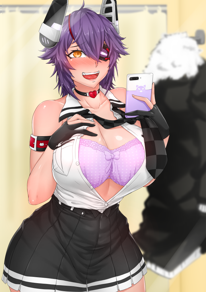 1girl, black_gloves, blush, bra, breasts, cellphone, chanary, checkered_clothes, checkered_necktie, checkered_neckwear, cowboy_shot, eyepatch, female_focus, fitting_room, gloves, hand_on_breast, headgear, holding, holding_phone, kantai_collection, large_breasts, necktie, open_clothes, open_mouth, open_shirt, partially_fingerless_gloves, phone, purple_bra, purple_hair, school_uniform, shirt, short_hair, sleeveless, smartphone, solo, tenryuu_(kancolle), underwear, white_shirt, yellow_eyes