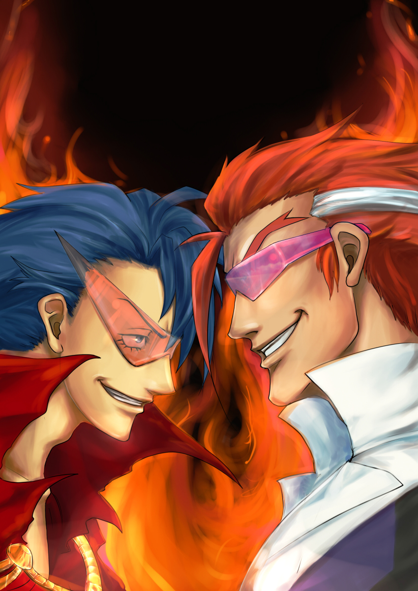 00s, 2boys, blue_hair, crossover, epic, eyebrows, fire, glasses, highres, jorogumo, kamina_(ttgl), kamina_shades, male_focus, manly, multiple_boys, scryed, straight_cougar, tengen_toppa_gurren_lagann, triangular_eyewear, wrap-around_shades