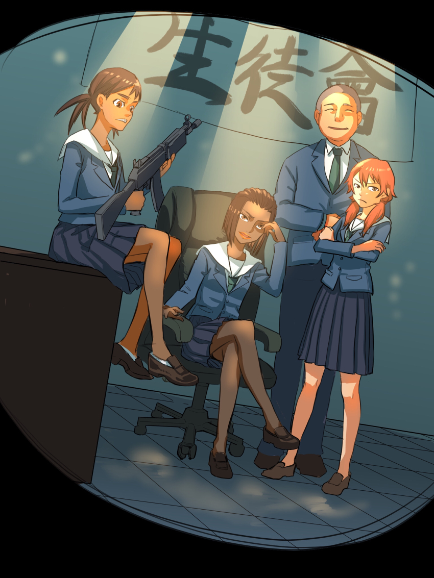 1boy, 3girls, ashima_kyuu, assault_rifle, blazer, brown_eyes, commentary, crossed_arms, dark_skin, doutonbori_touru, eizouken_ni_wa_te_wo_dasu_na!, closed_eyes, full_body, grimace, gun, highres, jacket, kasasagi_mareki, long_hair, multiple_girls, necktie, open_mouth, orange_hair, ou_toshiya, pleated_skirt, rifle, sakaki_sowande, school_uniform, short_hair, sitting, skirt, smile, twintails, weapon