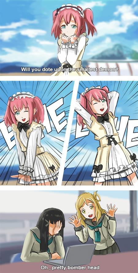 10s, 3girls, black_hair, blonde_hair, dha315, emphasis_lines, english_text, facepalm