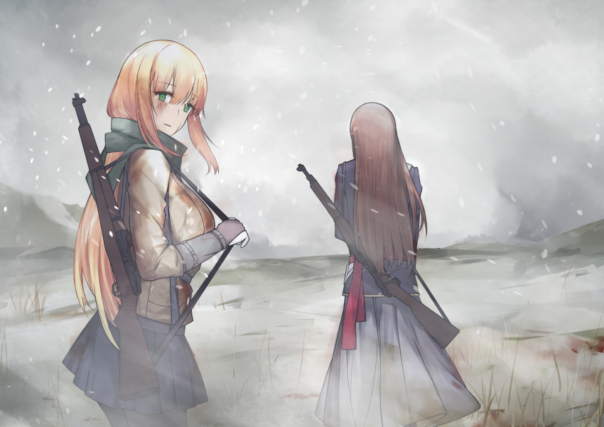 absurdres, blonde_hair, bolt_action, brown_hair, dirty, dirty_clothes, girls'_frontline, gun