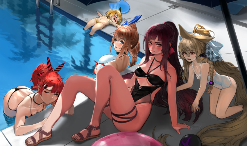5girls, 5mango!, absurdres, ass, bikini, black_one-piece_swimsuit, blonde_hair, blue_eyes, blush, breasts, brown_hair, cleavage, fal_(girls'_frontline), full_body, g41_(beach_punk_2064)_(girls'_frontline), g41_(girls'_frontline), girls'_frontline, hair_between_eyes, highres, long_hair, looking_at_viewer, medium_breasts, mp7_(girls'_frontline), mp7_(lollipop_ammo)_(girls'_frontline), multiple_girls, official_alternate_costume, one-piece_swimsuit, one_eye_closed, polo, pool, pool_ladder, poolside, purple_hair, red_eyes, red_hair, sandals, school_swimsuit, short_hair, small_breasts, swimsuit, very_long_hair, wa2000_(girls'_frontline), wa2000_(op._manta_ray)_(girls'_frontline), water