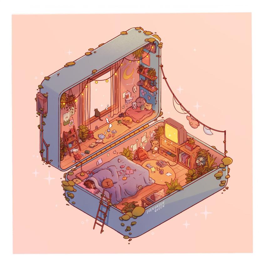 absurdly_detailed_composition, artist_name, backpack, bag, bed, black_cat, bookshelf, cake