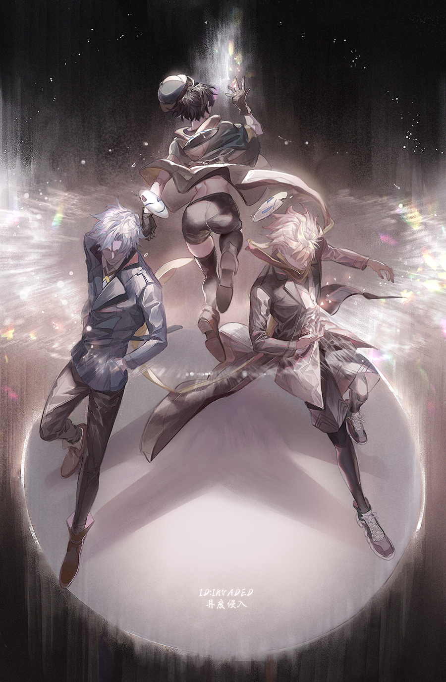 1girl, 2boys, anaido, ass, black_thighhighs, blue_hair, newsboy_cap, coat