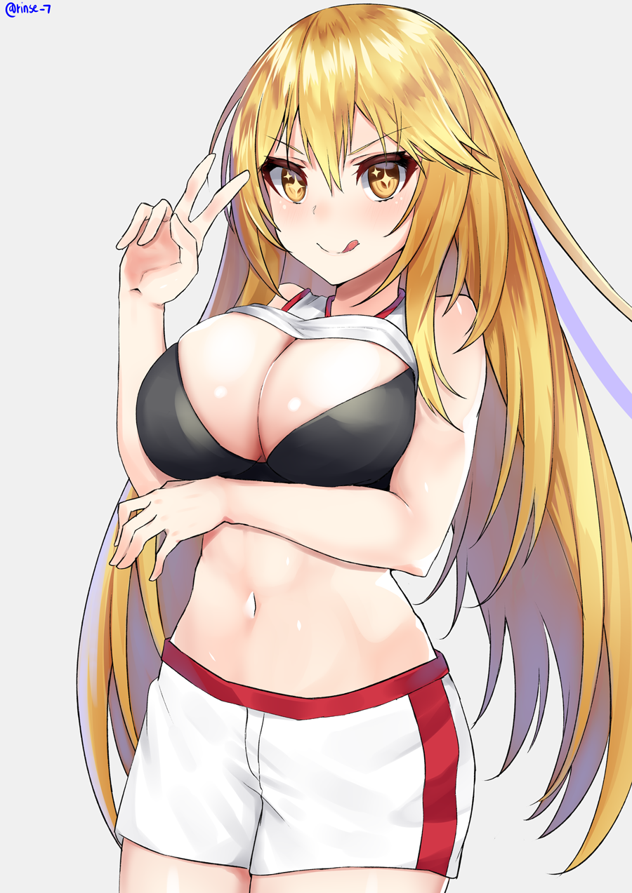 +_+, 1girl, bare_arms, bare_shoulders, black_bra, blonde_hair, blush, bra