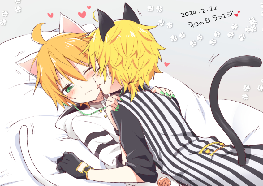 2boys, ahoge, animal_ears, bed, black_gloves, blonde_hair, blush, cat_day, cat_ears, cat_tail, closed_eyes, commentary_request, dual_persona, gloves, green_eyes, green_nails, hands_on_another's_shoulders, heart, kagamine_len_(holy_lancer), hooded_shirt, kagamine_len, licking, licking_another's_face, looking_at_another, lying, lying_on_person, male_focus, multiple_boys, nail_polish, on_back, on_bed, one_eye_closed, orange_hair, paw_print, project_diva_(series), shirt, striped_clothes, striped_shirt, sudachi_(calendar), tail, vocaloid, kagamine_len_(white_edge), white_shirt, yaoi