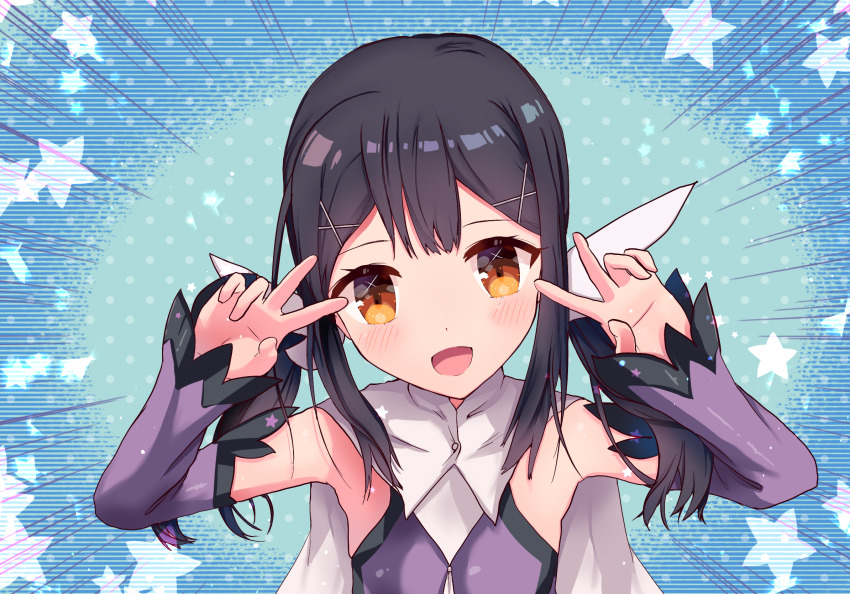 1girl, an_icy_cat, black_hair, blush, breasts, brown_eyes, commentary_request, double_v