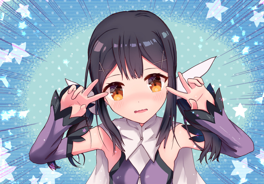 1girl, an_icy_cat, black_hair, blush, breasts, brown_eyes, commentary_request, double_v