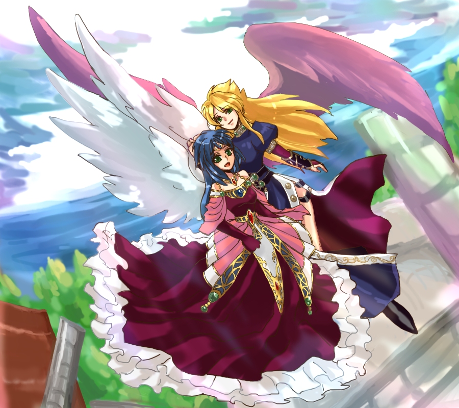 2girls, angel_wings, bad_id, bad_pixiv_id, black_wings, blonde_hair, blue_hair, boots