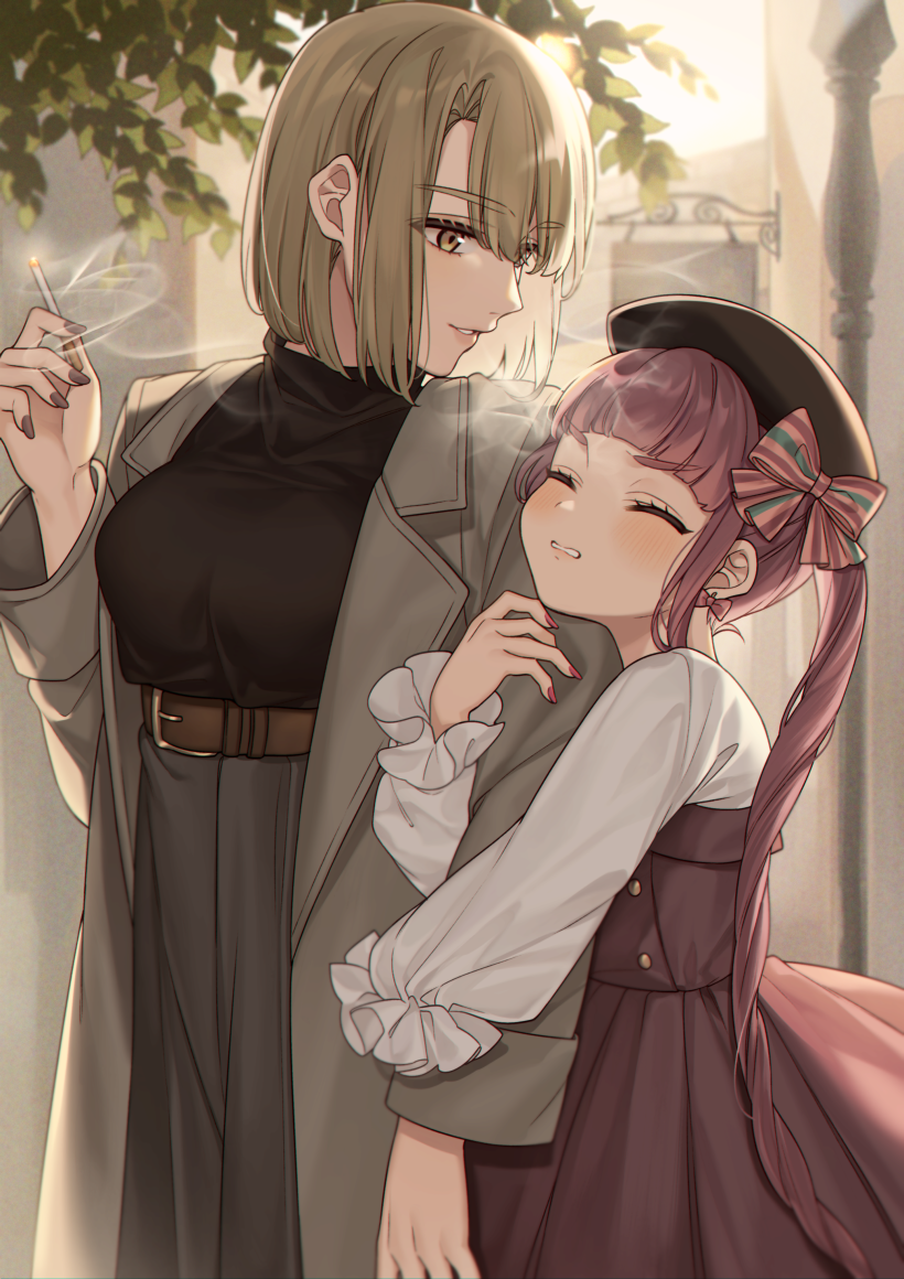 2girls, age_difference, arm_hug, belt, belt_buckle, beret, black_headwear, black_nails