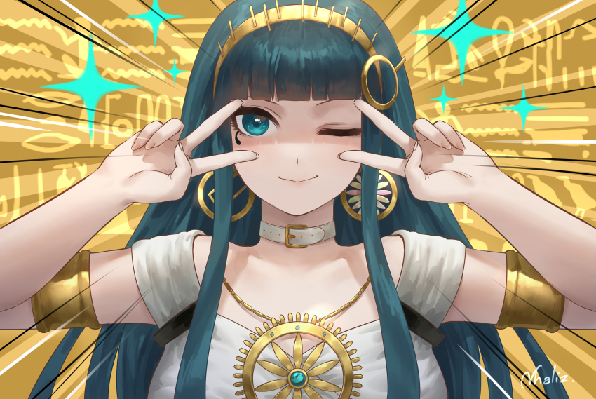 1girl, breasts, cleopatra_(fate), cleopatra_(third_ascension)_(fate), collar, commentary_request, double_v, earrings