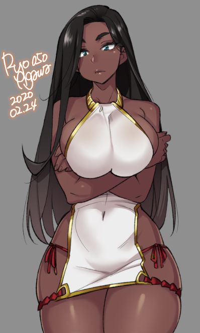 1girl, agawa_ryou, aqua_eyes, arms_under_breasts, artist_name, black_hair, breasts, dark-skinned_female