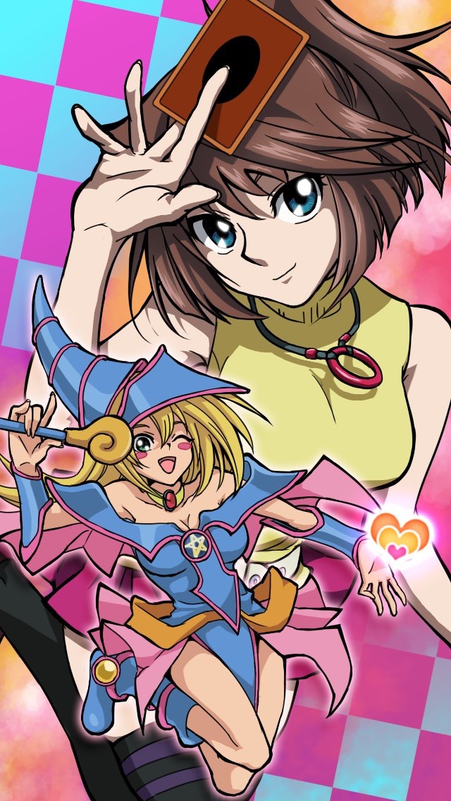 2girls, agehacat, bare_shoulders, blonde_hair, blue_eyes, blue_footwear, blush, blush_stickers, breasts, brown_hair, card, choker, cleavage, closed_mouth, dark_magician_girl, detached_sleeves, duel_monster, green_eyes, hat, looking_at_viewer, mazaki_anzu, multiple_girls, open_mouth, pentacle, short_hair, smile, staff, wizard_hat, yu-gi-oh!