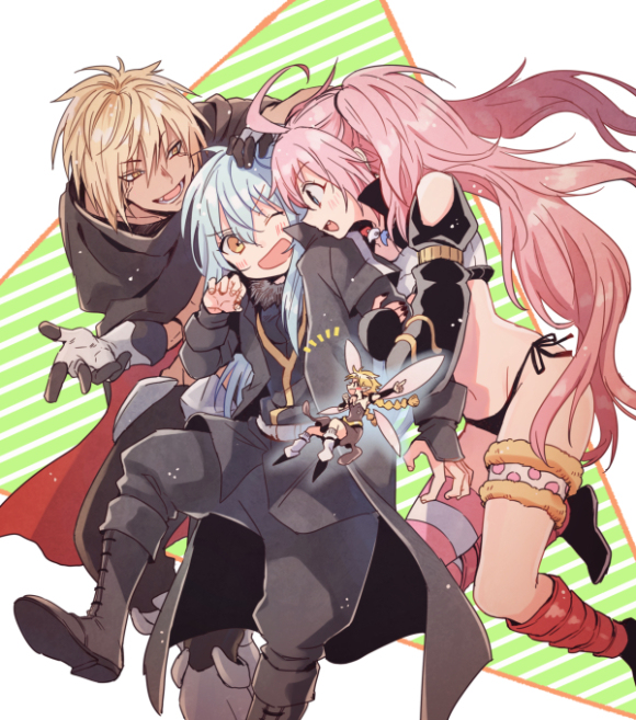 1boy, 1other, 2girls, ahoge, asymmetrical_legwear, black_cape, black_dress, black_footwear, black_jacket, black_legwear, black_nails, black_pants, black_sleeves, blonde_hair, blue_eyes, blue_hair, blush, cape, dress, fairy, fairy_wings, fang, gloves, hair_between_eyes, hand_on_another's_head, hand_up, holding_another's_arm, jacket, light_blush, long_hair, milim_nava, multiple_girls, nail_polish, open_mouth, pants, pink_hair, pointing, ramiris, rimuru_tempest, shake_sawa, short_hair, size_difference, smile, teeth, tensei_shitara_slime_datta_ken, tongue, twintails, veldora_(tensura), very_long_hair, wings, yellow_eyes