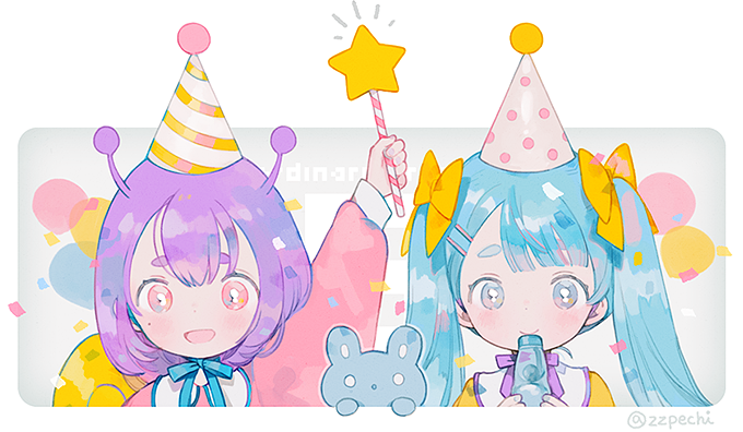 2girls, antennae, arm_up, balloon, blue_eyes, blue_hair, blue_neckwear, bow