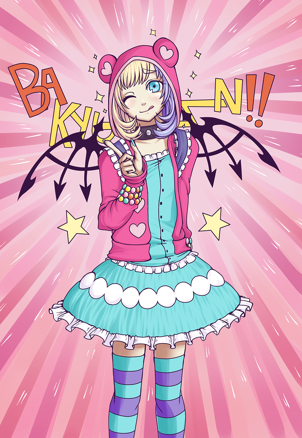 :p, ;p, animal_hood, atarashi_coco, backpack, bag, bear_hood, blonde_hair, blue_dress, blue_eyes, collar, dress, frilled_dress, frilled_skirt, frills, hair_dye, highres, hood, hoodie, jacket, nail_polish, one_eye_closed, pink_background, pink_hood, pink_hoodie, pink_jacket, purple_hair, sayonararevival, skirt, smile, solo, striped_clothes, striped_thighhighs, subarashiki_kono_sekai, thighhighs, tongue, tongue_out, wings