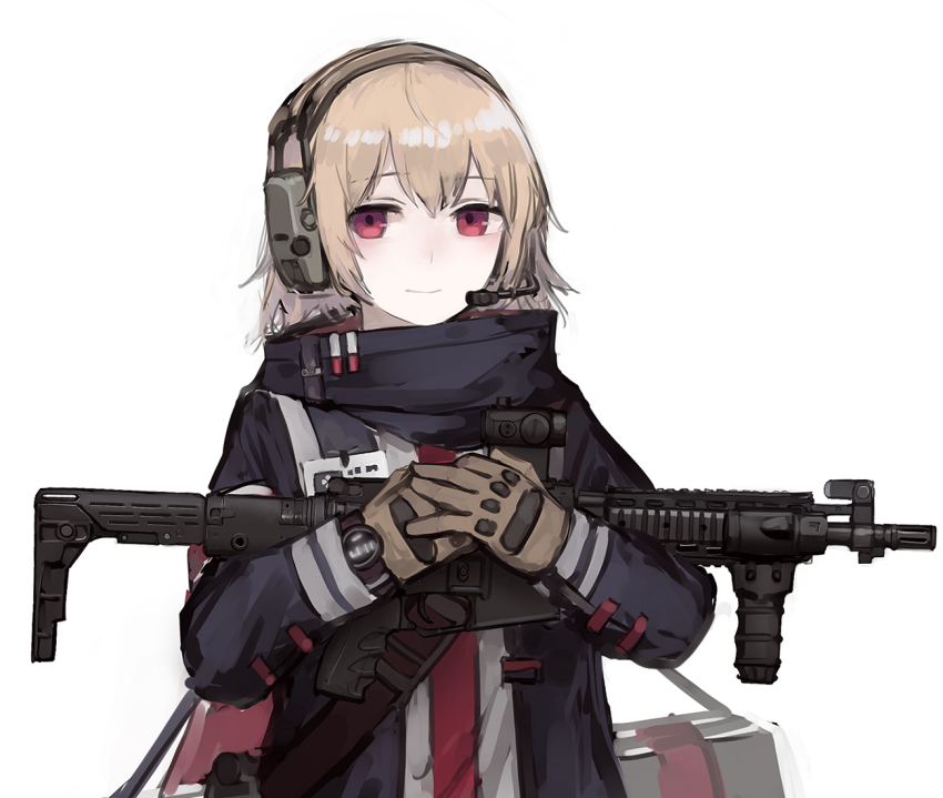 1girl, assault_rifle, bag, blonde_hair, blue_jacket, female_focus, foregrip, girls'_frontline, gloves, gun, headset, holding, holding_weapon, id_card, jacket, light_smile, looking_at_viewer, messy_hair, muzzle_device, rampart1028, red_eyes, rifle, scope, scw_(girls'_frontline), scw_(gun), short_hair, simple_background, solo, tactical_clothes, upper_body, watch, weapon, white_background