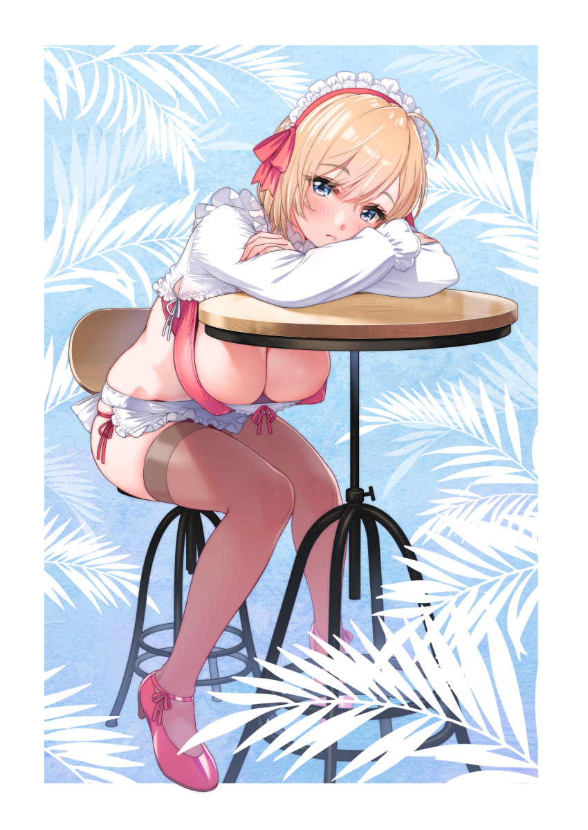 1girl, absurdres, ahoge, apron, bikini, blue_eyes, blush, breasts, chair, cleavage, female_focus, frills, full_body, head_on_arm, head_tilt, highres, large_breasts, long_sleeves, maid_headdress, ogre_(illustogre), original, palm_leaf, pink_bikini, pink_shoes, pink_thighhighs, shoes, short_hair, side-tie_bikini_bottom, sidelocks, skindentation, solo, swimsuit, table, thighhighs, waist_apron