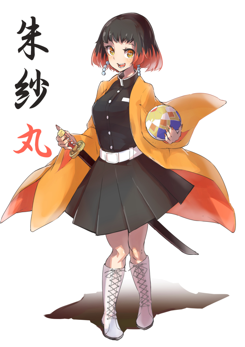 +_+, 1girl, alternate_costume, ball, belt, black_hair, blush, boots, earrings, fangs, female_focus, fingernails, haori, highres, holding, holding_ball, japanese_clothes, jewelry, katana, kimetsu_no_yaiba, looking_at_viewer, multicolored_hair, nail_polish, open_mouth, orange_hair, orange_nails, pleated_skirt, shadow, sharp_fingernails, sheath, sheathed, short_hair, skirt, smile, solo, susamaru_(kimetsu_no_yaiba), sword, takoyakiking7, temari_ball, two-tone_hair, weapon, white_background, white_boots