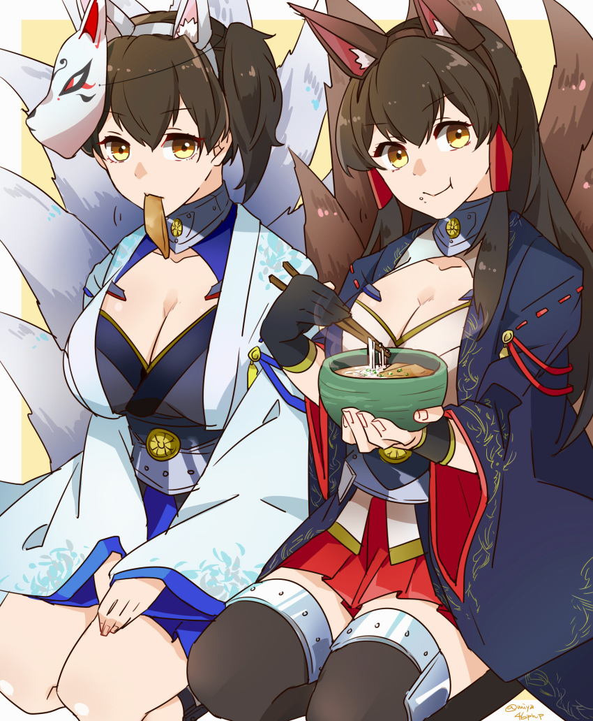 2girls, :t, akagi_(azur_lane), akagi_(azur_lane)_(cosplay), akagi_(kancolle), alternate_costume, animal_ears, azur_lane