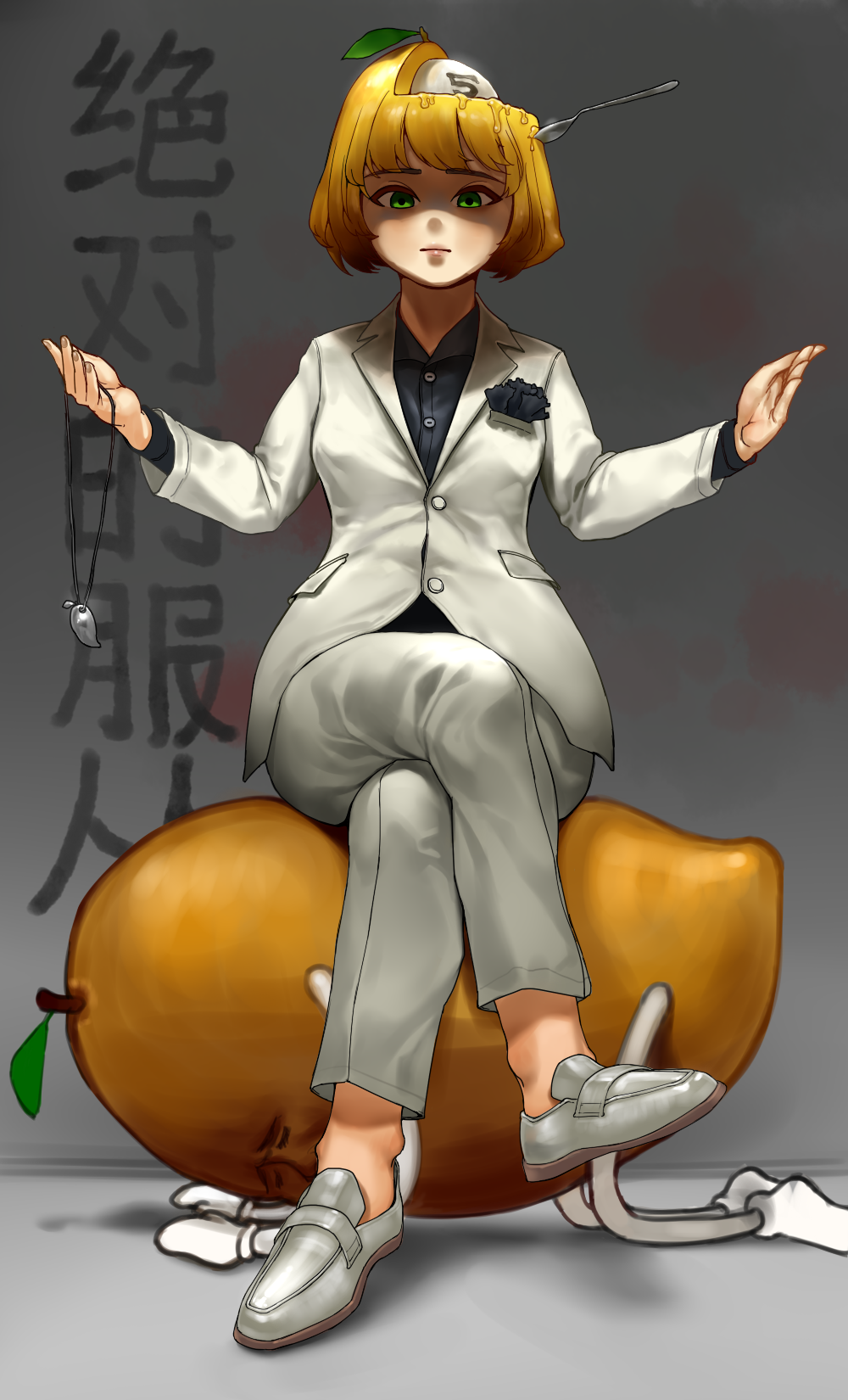 1girl, 5mango, 5mango!, black_shirt, blonde_hair, blouse, crossed_legs, female_focus, food, formal_clothes, fruit, full_body, green_eyes, highres, looking_at_viewer, mango, original, shaded_face, shirt, shoes, short_hair, sitting, solo, spoon, suit, white_shoes, wide_hips