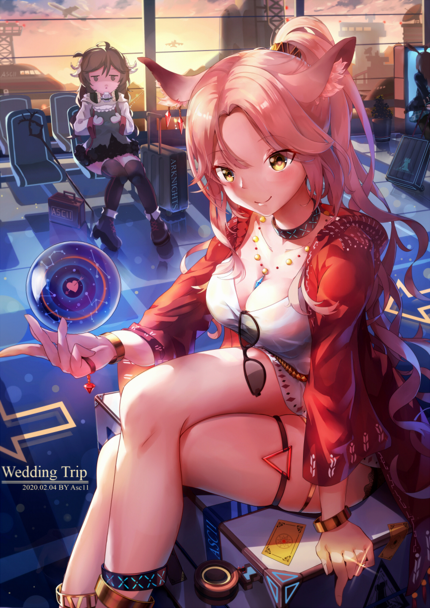 3girls, ahoge, aircraft, airplane, airport, alternate_costume, amiya_(arknights), animal_ears