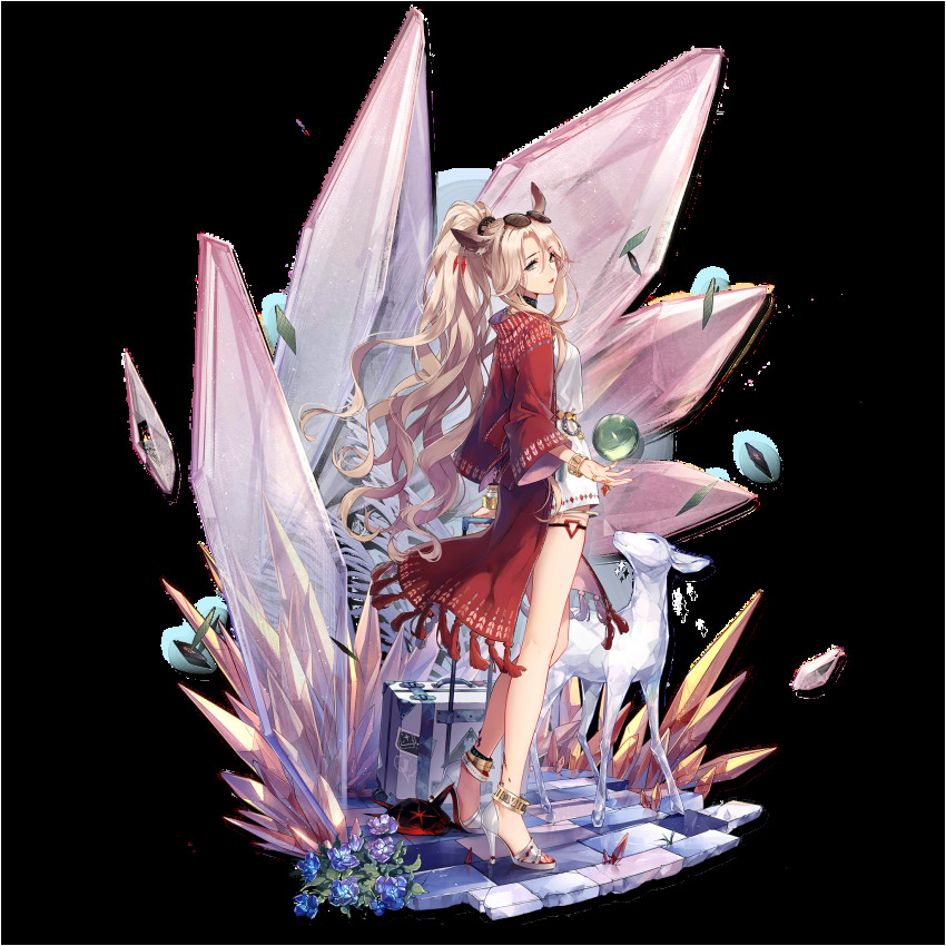1girl, ahoge, animal_ears, anklet, arknights, breasts, choker, crystal, deer, deer_ears, dress, earrings, eyewear_on_head, female_focus, full_body, gitano_(arknights), gitano_(unknown_journey)_(arknights), green_eyes, grey_footwear, half-closed_eyes, high_heel_sandals, high_heels, highres, jewelry, kieta, light_brown_hair, long_hair, looking_at_viewer, luggage, mole, mole_under_mouth, multiple_earrings, nail_polish, official_alternate_costume, official_art, parted_bangs, parted_lips, ponytail, red_lips, ring, rolling_suitcase, sandals, sidelocks, solo, standing, suitcase, sunglasses, tachi-e, thighlet, thighs, transparent_background, very_long_hair, wavy_hair, white_dress