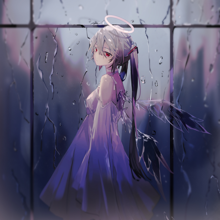 1girl, albino_(vocaloid), aqua_hair, bare_shoulders, blurry, blurry_foreground, collar, commentary