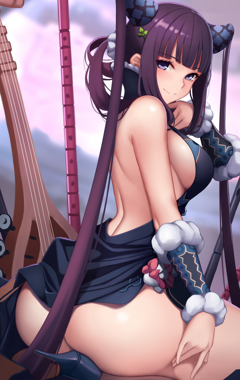 1girl, arm_warmers, ass, bare_shoulders, black_dress, blue_eyes, blunt_bangs, blush