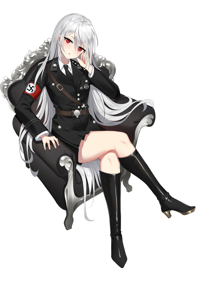 1girl, absurdres, armchair, black_boots, boots, chair, crossed_legs, female_focus