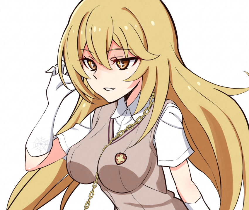 +_+, 1girl, blonde_hair, breasts, brown_eyes, commentary_request, dress_shirt, elbow_gloves