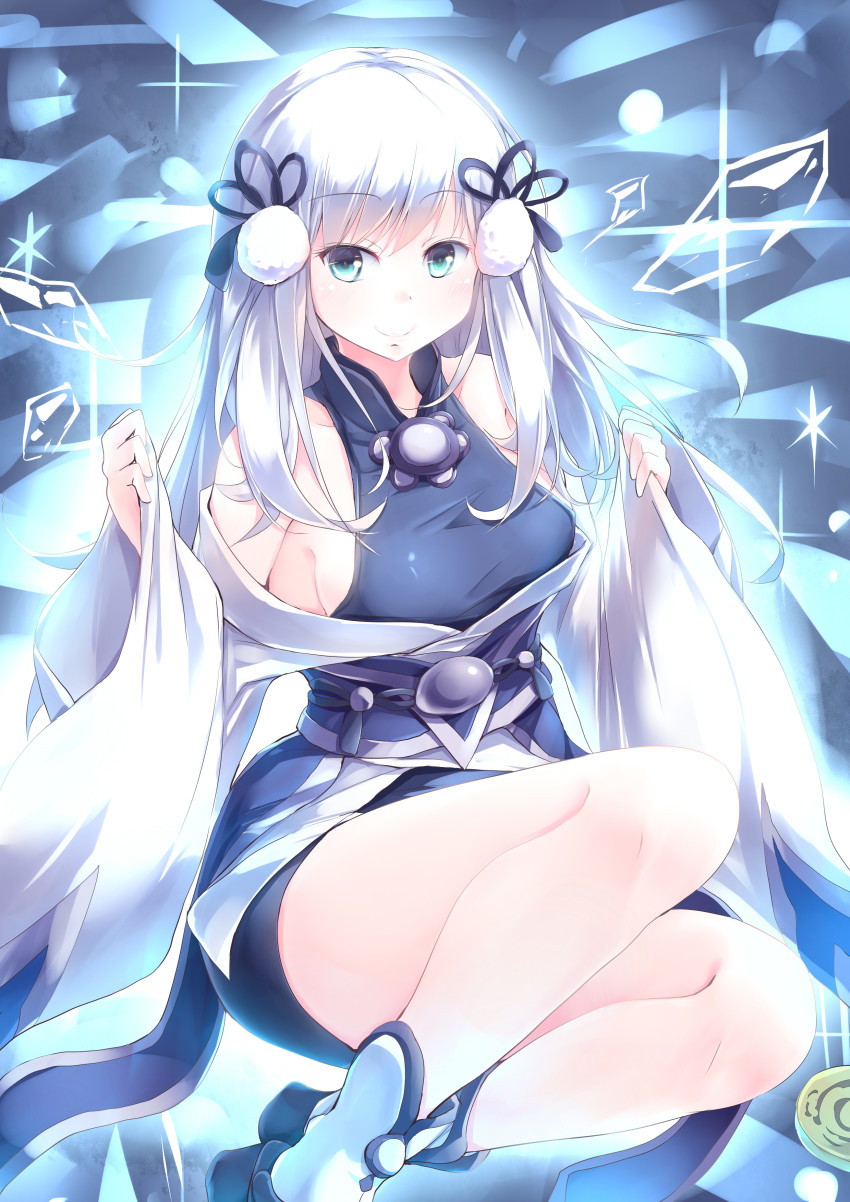 1girl, absurdres, blue_eyes, blush, boots, breasts, closed_mouth, detached_sleeves