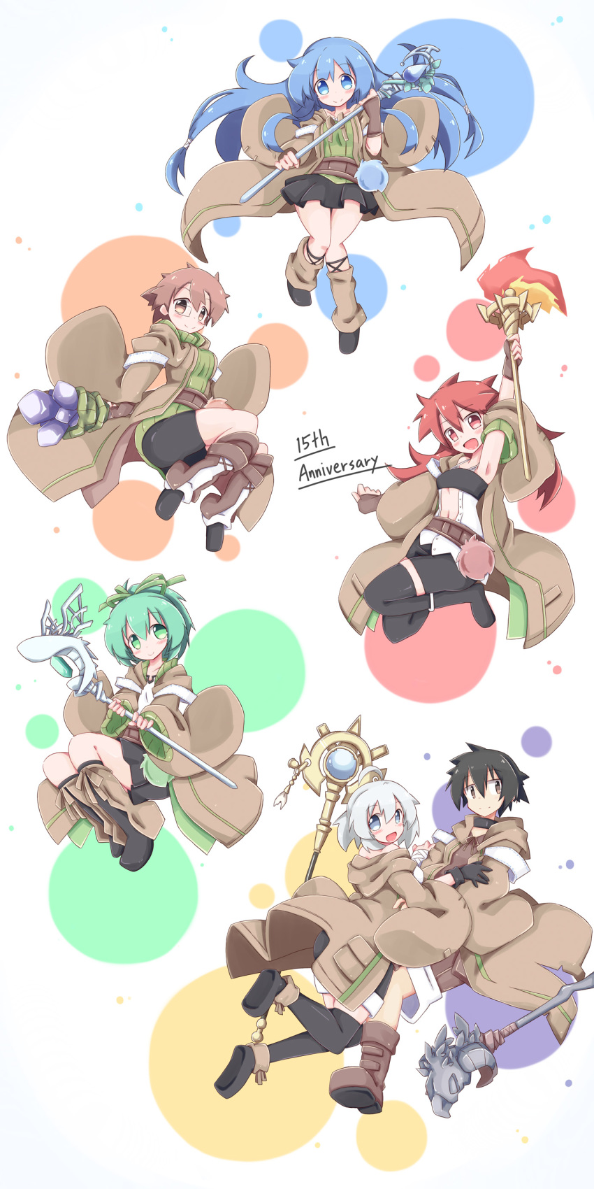 1boy, 5girls, :d, absurdres, ahoge, ankle_cuffs, anniversary, aqua_eyes, aqua_hair, arm_up, armpits, ass, aussa_(yu-gi-oh!), aussa_the_earth_charmer, bandaged_hand, belt, bike_shorts, black_collar, black_eyes, black_footwear, black_gloves, black_hair, black_shorts, black_skirt, black_tube_top, blue_background, blush, boots, breasts, brown_background, brown_belt, brown_coat, brown_eyes, brown_footwear, brown_gloves, brown_hair, brown_ribbon, brown_shirt, brown_shorts, camisole, coat, collar, collarbone, commentary_request, dharc_(yu-gi-oh!), dharc_the_dark_charmer, duel_monster, elbow_gloves, eria_(yu-gi-oh!), eria_the_water_charmer, familiar-possessed_-_aussa, familiar-possessed_-_dharc, familiar-possessed_-_eria, familiar-possessed_-_hiita, familiar-possessed_-_lyna, familiar-possessed_-_wynn, fingerless_gloves, flat_chest, full_body, gloves, green_background, green_eyes, green_hair, green_ribbon, green_shirt, green_sweater, grey_eyes, hair_ribbon, highres, hiita, hiita_(yu-gi-oh!), holding, holding_staff, hood, hooded_coat, knee_boots, knees_together_feet_apart, large_breasts, leg_warmers, long_hair, looking_at_viewer, lyna_(yu-gi-oh!), lyna_the_light_charmer, medium_breasts, multiple_girls, nanashino_(nanasino101), navel, off-shoulder_coat, off_shoulder, open_clothes, open_mouth, open_shirt, pleated_skirt, polka_dot, polka_dot_background, pom_pom_(clothes), ponytail, purple_background, red_background, red_eyes, red_hair, ribbed_shirt, ribbed_sweater, ribbon, shin_guards, shirt, shoes, short_hair, shorts, sidelocks, silver_hair, simple_background, skirt, sleeveless, sleeveless_shirt, smile, staff, strapless, sweater, tube_top, white_background, white_camisole, white_shirt, wide_sleeves, wynn_(yu-gi-oh!), wynn_the_wind_charmer, yellow_background, yu-gi-oh!