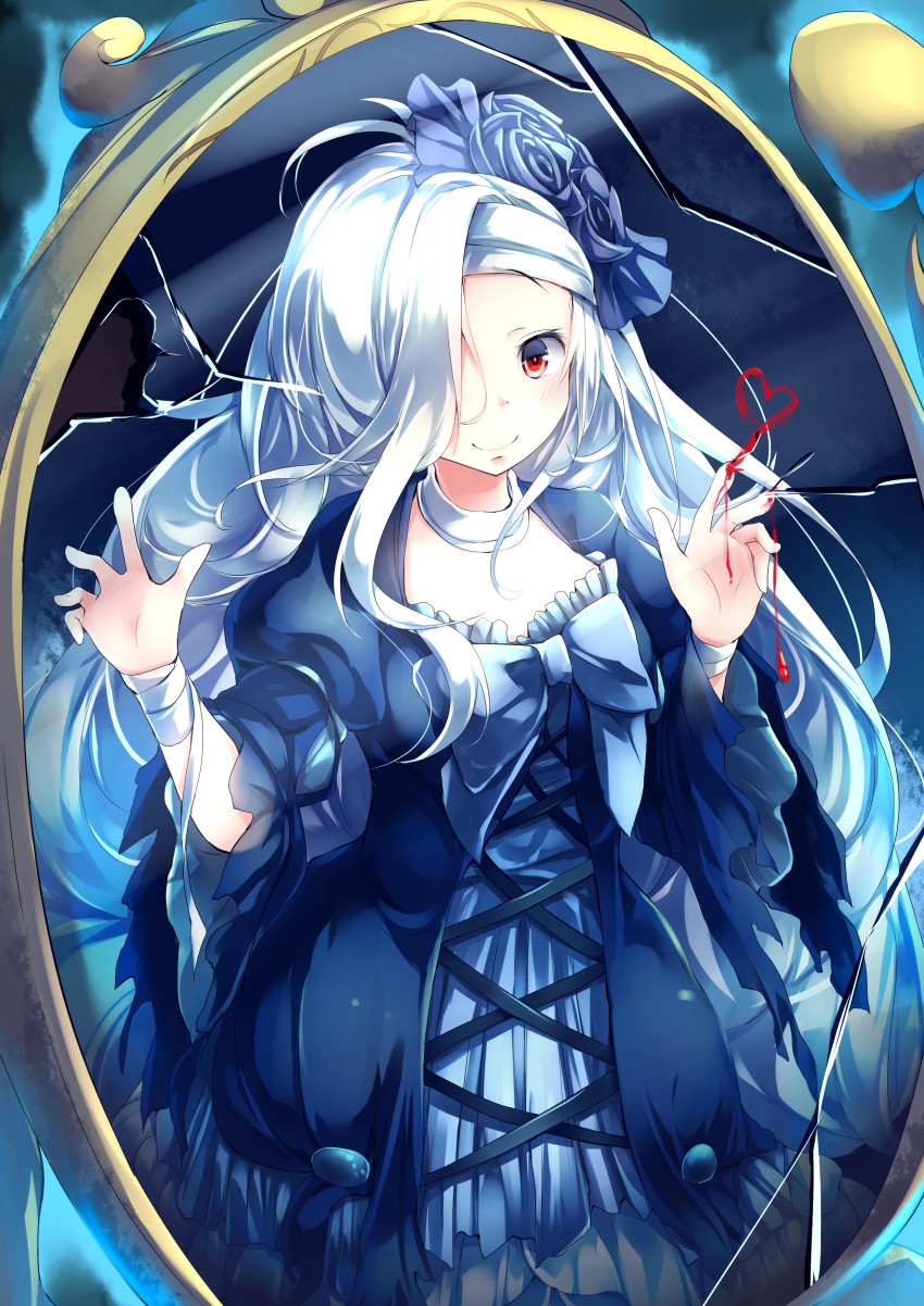 1girl, absurdres, blood, blood_writing, blush, closed_mouth, commentary_request, crack