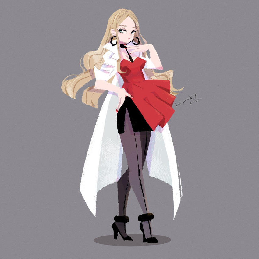 1girl, black_footwear, breasts, cleavage, coat, dress, earrings, female_focus