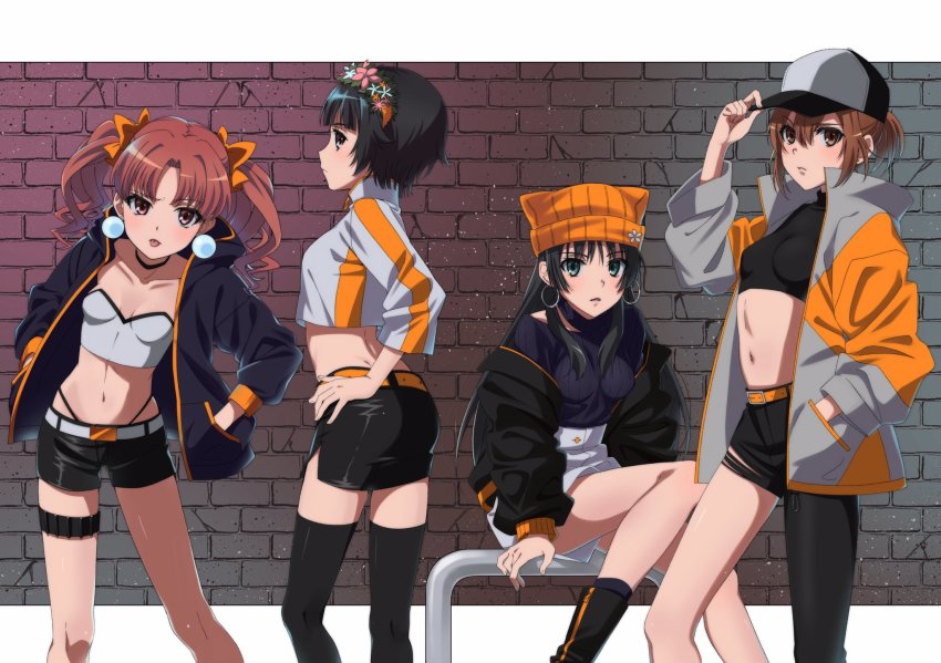 4girls, :p, alternate_costume, asymmetrical_clothes, belt, black_choker, black_hair, black_jacket