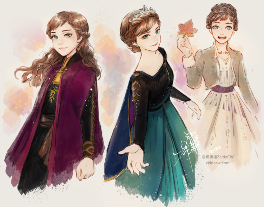 2020, 3girls, :d, anna_(frozen), arm_at_side, arms_at_sides, autumn_leaves, beige_background, beige_dress, belt, black_shirt, braid, breasts, brown_hair, cape, capelet, commentary, curly_hair, dated, dress, earrings, english_commentary, floating_hair, freckles, frozen_(disney), frozen_ii_(disney), gradient_background, green_dress, green_eyes, grey_background, hair_bun, happy, holding, holding_leaf, jacket, jewelry, leaf, light_particles, light_smile, long_hair, long_sleeves, looking_away, medium_breasts, multicolored_background, multiple_girls, multiple_persona, open_clothes, open_jacket, open_mouth, orange_background, outstretched_hand, purple_background, purple_cape, shirt, signature, simple_background, single_hair_bun, sketch, smile, teeth, tiara, upper_teeth_only, watermark, web_address, zelda_c_wang