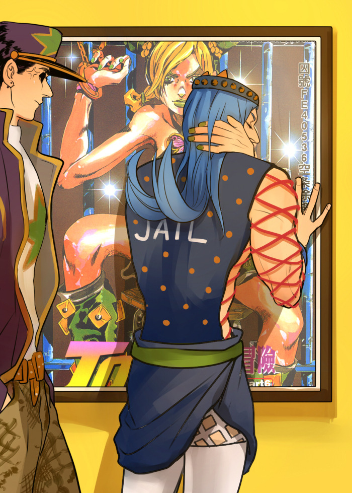 1girl, 2boys, anger_vein, araki_hirohiko, blue_hair, fishnets, green_nails, hat, jojo_no_kimyou_na_bouken, kilva_lollop, kuujou_jolyne, kuujou_joutarou, long_hair, manga_(object), multiple_boys, nail_polish, narciso_anasui, poster_(object), stone_free, stone_ocean, thighhighs