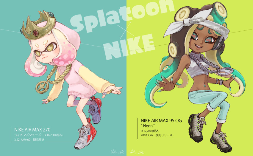 +_+, 2girls, bandana, blunt_bangs, brown_eyes, brown_legwear, capri_pants, cephalopod_eyes