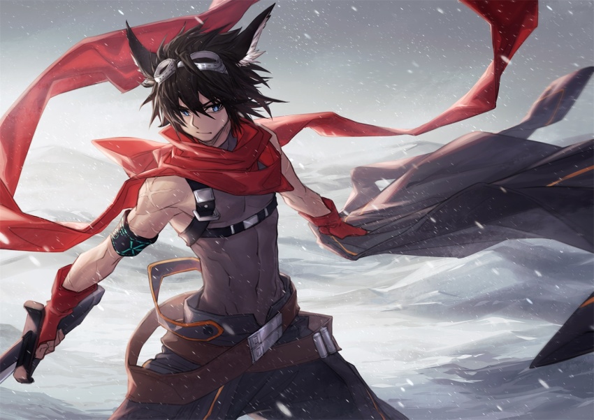 1boy, arknights, armband, arsh_(thestarwish), black_hair, black_jacket, black_pants, black_shirt, blue_eyes, courier_(arknights), courier_(elite_ii)_(arknights), elite_ii_(arknights), gloves, goggles, goggles_on_head, holding, holding_unworn_clothes, holding_jacket, holding_sword, holding_weapon, jacket, male_focus, pants, red_gloves, red_scarf, scarf, shirt, short_hair, sleeveless, sleeveless_shirt, solo, sword, unworn_jacket, weapon