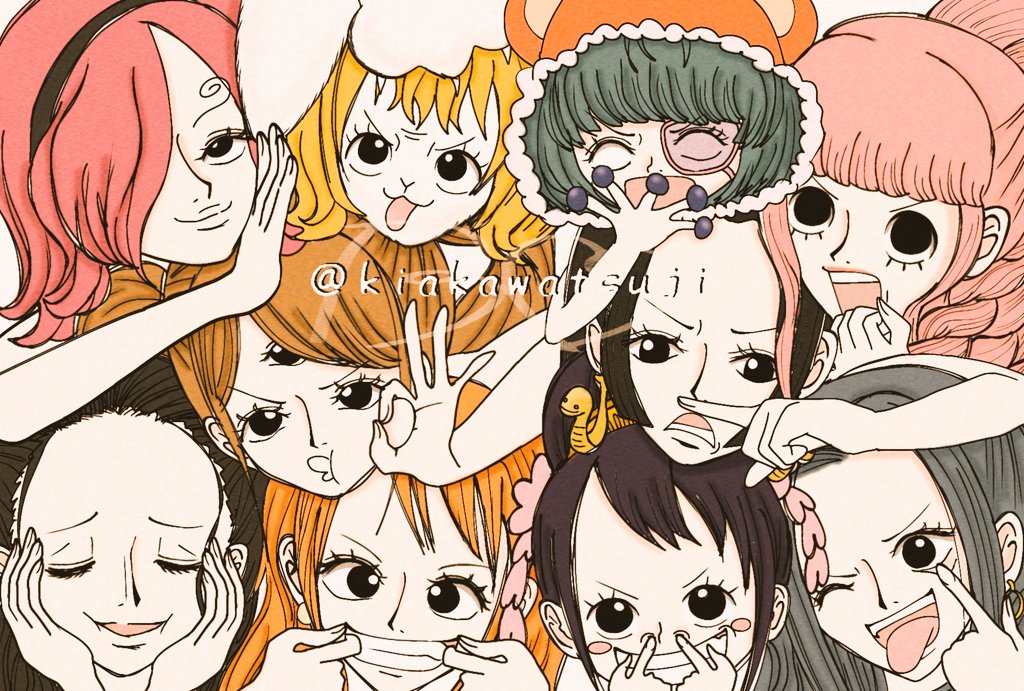 6+girls, black_hair, blonde_hair, boa_hancock, carrot_(one_piece), charlotte_pudding, closed_eyes, female_focus, grape, grin, hand_up, jewelry, kiakawatsuji, kurozumi_tama, laughing, long_hair, looking_at_viewer, multiple_girls, nami_(one_piece), nefertari_vivi, nico_robin, one_piece, orange_hair, perona, pink_hair, smile, sugar_(one_piece), tagme, tongue, tongue_out, vinsmoke_reiju