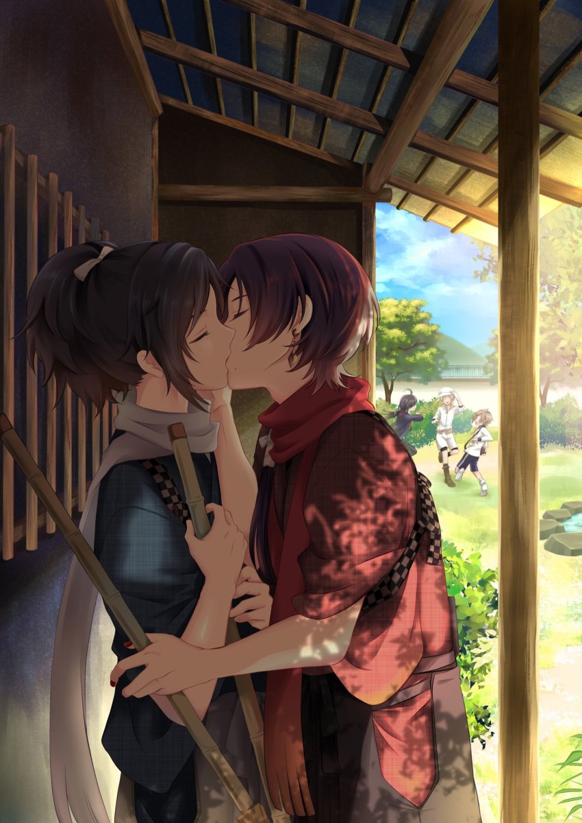 5boys, architecture, black_hair, blonde_hair, blue_sky, broom, brown_hair, earrings, east_asian_architecture, closed_eyes, hakama, hakama_skirt, hat, highres, houchou_toushirou, japanese_clothes, jewelry, kashuu_kiyomitsu, kiss, kumaru_ayaka, male_focus, mole, mole_under_mouth, monoyoshi_sadamune, multiple_boys, namazuo_toushirou, pond, ponytail, red_scarf, scarf, shorts, skirt, sky, touken_ranbu, tree, white_scarf, yamato-no-kami_yasusada, yaoi