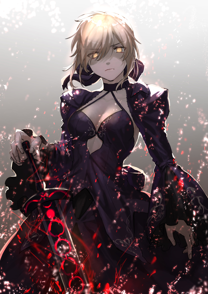 1girl, absurdres, artoria_pendragon_(fate), backlighting, black_dress, black_ribbon, braid, breasts, bun_with_braided_base, cleavage, closed_mouth, dark_persona, dress, excalibur_morgan_(fate), fate/stay_night, fate_(series), female_focus, glowing, glowing_eyes, gradient_background, grey_background, hair_bun, hair_ribbon, highres, juliet_sleeves, long_hair, long_sleeves, looking_at_viewer, medium_breasts, puffy_sleeves, ribbon, sa_nomaru, saber_alter, saber_alter_(third_ascension), sidelocks, solo, sword, weapon, yellow_eyes