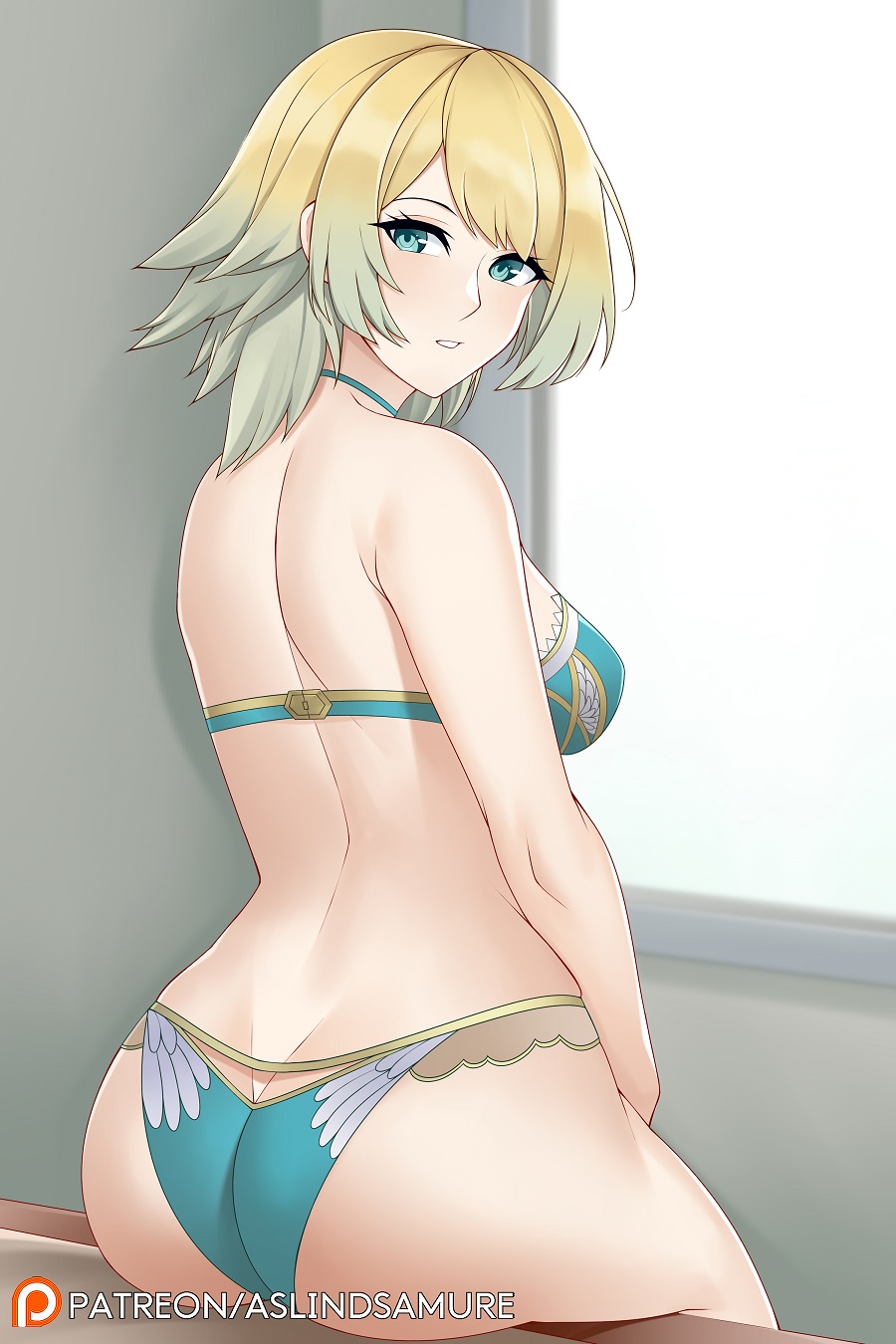 1girl, aqua_bra, aqua_panties, aslindsamure, ass, back, bare_shoulders, blonde_hair