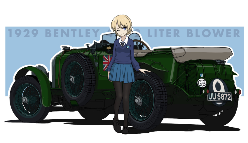 1girl, ;), bentley_blower, black_necktie, black_pantyhose, black_shoes, blonde_hair, blue_eyes, blue_skirt, blue_sweater, braid, car, closed_mouth, commentary, country_connection, darjeeling_(girls_und_panzer), dress_shirt, emblem, female_focus, girls_und_panzer, heel_up, highres, kano_(nakanotakahiro1029), loafers, long_sleeves, looking_at_viewer, miniskirt, motor_vehicle, necktie, one_eye_closed, outline, pantyhose, pleated_skirt, school_uniform, shadow, shirt, shoes, short_hair, skirt, smile, solo, st._gloriana's_(emblem), st._gloriana's_school_uniform, standing, sweater, twin_braids, union_jack, v-neck, vehicle_focus, white_outline, white_shirt, wing_collar