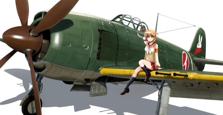 1girl, aircraft, airplane, animal, animal_on_shoulder, black_shoes, black_socks, blouse