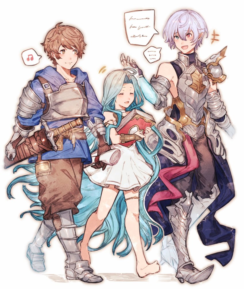 1girl, 2boys, armor, bad_id, bad_twitter_id, barefoot, blue_hair, blue_hoodie